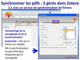 Les fichiers sont accessibles depuis le compte en ligne
Synchroniser les pdfs : 2 gérés dans Zotero
2.1 avec un service de synchronisation de fichiers
 
