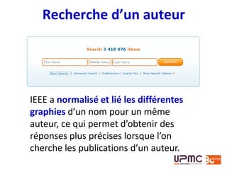 Recherche d’un auteur
IEEE a normalisé et lié les différentes
graphies d’un nom pour un même
auteur, ce qui permet d’obtenir des
réponses plus précises lorsque l’on
cherche les publications d’un auteur.
 