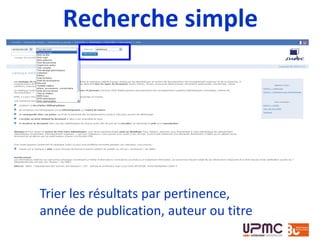 Recherche simple
Trier les résultats par pertinence,
année de publication, auteur ou titre
 