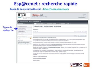 Bases de données Esp@cenet - http://fr.espacenet.com
Types de
recherche
Esp@cenet : recherche rapide
 