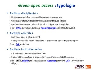  Modèle hybride
Dans une revue sur abonnement, l’article peut être en lecture
gratuite, moyennant le paiement d’un supplément (Lancet :
5000$)…
… le coût des abonnements est-il diminué pour autant (double
dipping)? - voir ici
… les articles sont-ils bien en libre accès? - voir là
Ex : ACS AuthorChoice, Sponsorship Option (Elsevier), Online Open (Wiley-
Blackwell)
 Les articles en lecture gratuite
Articles des prix Nobel dans Cell
 Les revues « prédateurs »
La liste de Jeffrey Beall, bibliothécaire à l’Université de Colorado :
Potential, possible, or probable predatory scholarly open-
access publishers
Les faux amis et les vrais ennemis
 