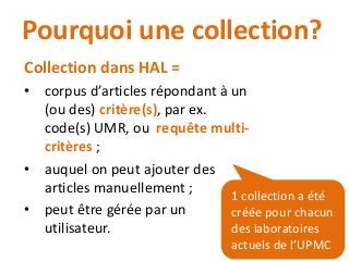 Pourquoi une collection?
Collection dans HAL =
• corpus d’articles répondant à un
(ou des) critère(s), par ex.
code(s) UMR, ou requête multi-
critères ;
• auquel on peut ajouter des
articles manuellement ;
• peut être gérée par un
utilisateur.
1 collection a été
créée pour chacun
des laboratoires
actuels de l’UPMC
 