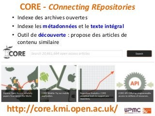 CORE - COnnecting REpositories
http://core.kmi.open.ac.uk/
• Indexe des archives ouvertes
• Indexe les métadonnées et le texte intégral
• Outil de découverte : propose des articles de
contenu similaire
 
