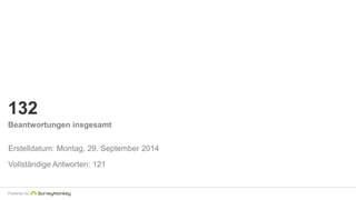 132 
Beantwortungen insgesamt 
Erstelldatum: Montag, 29. September 2014 
Vollständige Antworten: 121 
Powered by 
 