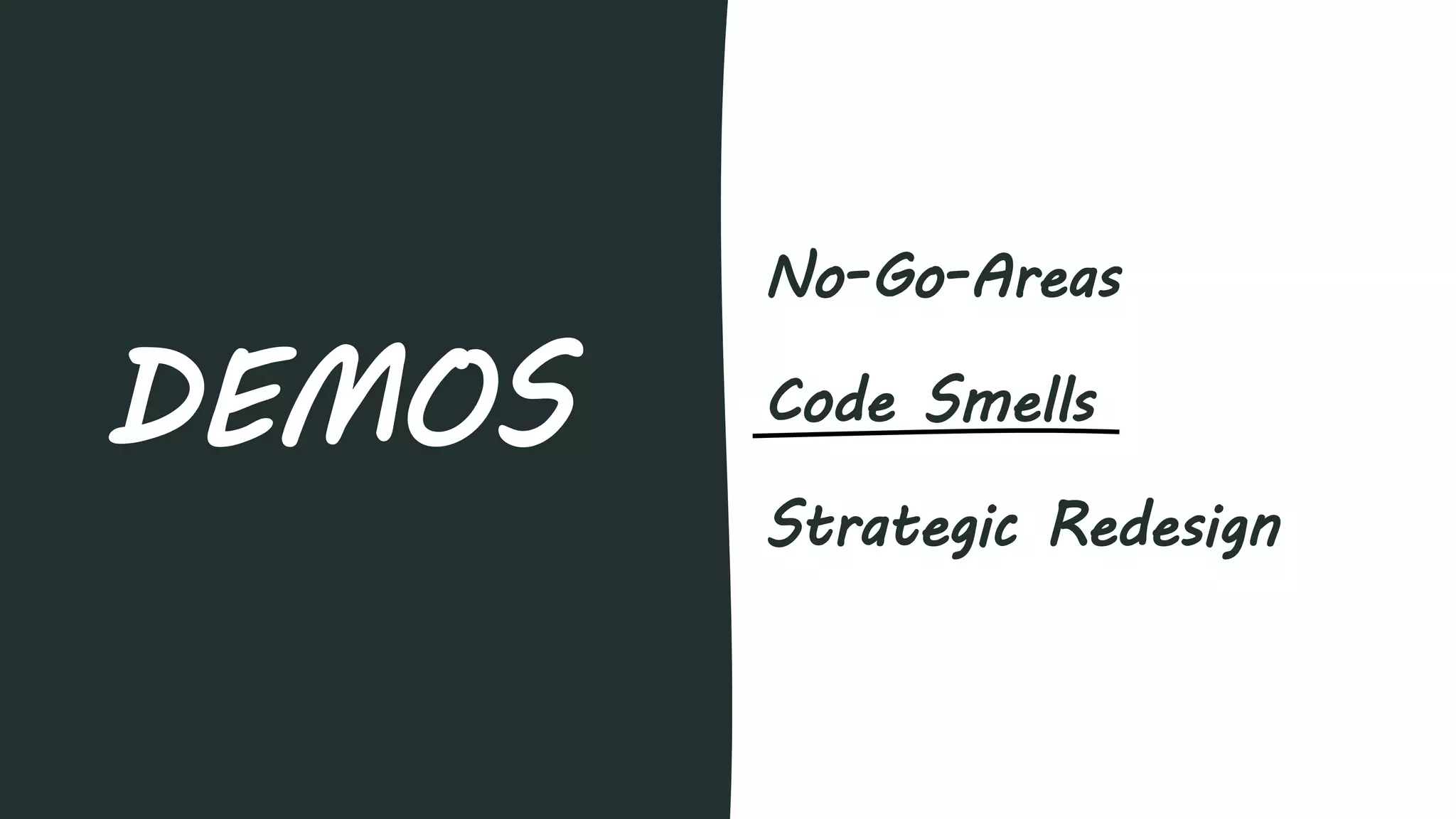 No-Go-Areas
Code Smells
Strategic Redesign
DEMOS
 