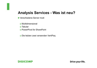 Analysis Services - Was ist neu?
n  Verschiedene Server modi


  p  Multidimensional

  p  Tabular

  p  PowerPivot   for SharePoint

  p  Die   letzten zwei verwenden VertiPaq
 