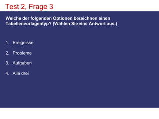 Test 2, Frage 3Welche der folgenden Optionen bezeichnen einen Tabellenvorlagentyp? (Wählen Sie eine Antwort aus.)EreignisseProblemeAufgabenAlle drei 
