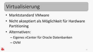 Virtualisierung 
• Marktstandard VMware 
• Nicht akzeptiert als Möglichkeit für Hardware 
Partitioning 
• Alternativen: 
– Eigenes vCenter für Oracle Datenbanken 
– OVM 
15 
 