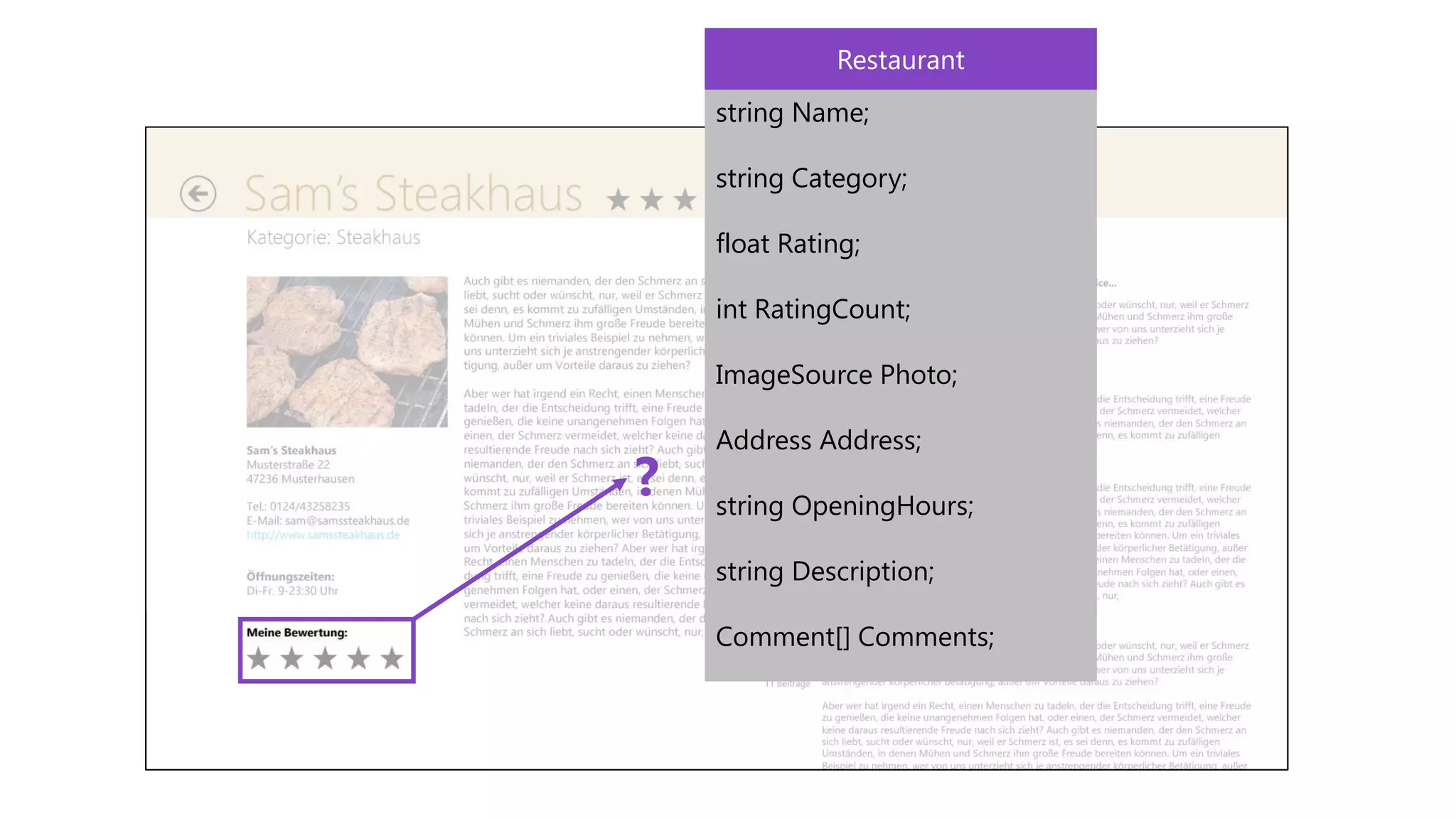 Restaurant
    string Name;

    string Category;

    float Rating;

    int RatingCount;

    ImageSource Photo;

    Address Address;
?   string OpeningHours;

    string Description;

    Comment[] Comments;
 