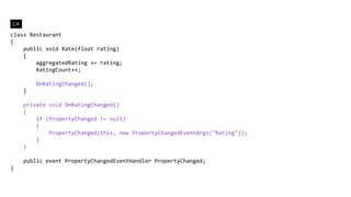 C#

class Restaurant
{
    public void Rate(float rating)
    {
        aggregatedRating += rating;
        RatingCount++;

         OnRatingChanged();
     }

     private void OnRatingChanged()
     {
         if (PropertyChanged != null)
         {
             PropertyChanged(this, new PropertyChangedEventArgs("Rating"));
         }
     }

     public event PropertyChangedEventHandler PropertyChanged;
}
 