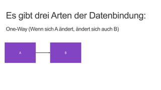 Es gibt drei Arten der Datenbindung:
One-Way (Wenn sich A ändert, ändert sich auch B)



     A                  B
 