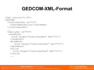 GEDCOM-XML-Format <?xml version="1.0"?> <GEDCOM> <IndividualRec Id="I1"> <IndivName>Helios</IndivName> </IndividualRec> ... <FamilyRec Id="F1"> <HusbFath> <Link Target="IndividualRec" Ref="I1"/> </HusbFath> <WifeMoth> <Link Target="IndividualRec" Ref="I2"/> </WifeMoth> <Child>  <Link Target="IndividualRec" Ref="I3"/>  </Child> ... 