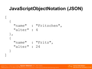 JavaScriptObjectNotation (JSON) [  {  "name"  : "Fritzchen", "alter" : 4 }, {  "name"  : "Fritz", "alter" : 24 } ] 