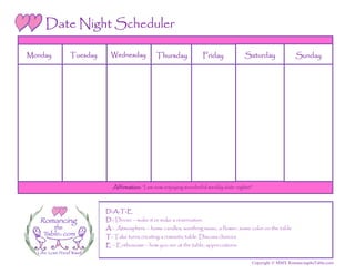 Date Night Scheduler

Monday   Tuesday     Wednesday           Thursday            Friday             Saturday              Sunday




                      Affirmation: “I am now enjoying wonderful weekly date nights!”



                   D-A-T-E
                   D - Dinner – make it or make a reservation.
                   A – Atmosphere – home candles, soothing music, a flower, some color on the table
                   T- Take turns creating a romantic table. Discuss choices
                   E – Enthusiasm – how you are at the table; appreciations


                                                                                   Copyright  MMX RomancingtheTable.com
 
