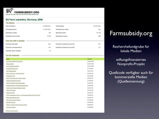 Farmsubsidy.org
  Recherchefundgrube für
      lokale Medien

    stiftungsﬁnanziertes
     Nonproﬁt-Projekt

Quellcode verfügbar auch für
   kommerzielle Medien
     (Quellennennung)
 