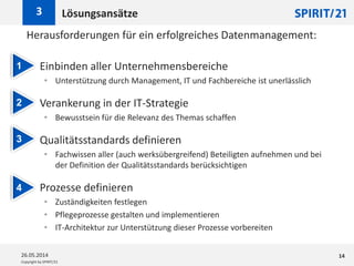 Copyright by SPIRIT/21
Herausforderungen für ein erfolgreiches Datenmanagement:
 Einbinden aller Unternehmensbereiche
• Unterstützung durch Management, IT und Fachbereiche ist unerlässlich
 Verankerung in der IT-Strategie
• Bewusstsein für die Relevanz des Themas schaffen
 Qualitätsstandards definieren
• Fachwissen aller (auch werksübergreifend) Beteiligten aufnehmen und bei
der Definition der Qualitätsstandards berücksichtigen
 Prozesse definieren
• Zuständigkeiten festlegen
• Pflegeprozesse gestalten und implementieren
• IT-Architektur zur Unterstützung dieser Prozesse vorbereiten
Lösungsansätze3
26.05.2014 14
1
2
3
4
 