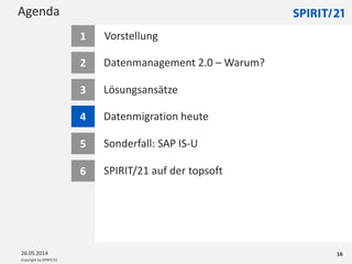Copyright by SPIRIT/21
Agenda
26.05.2014 16
Datenmanagement 2.0 – Warum?2
Lösungsansätze3
Datenmigration heute4
Sonderfall: SAP IS-U5
Vorstellung1
6 SPIRIT/21 auf der topsoft
 