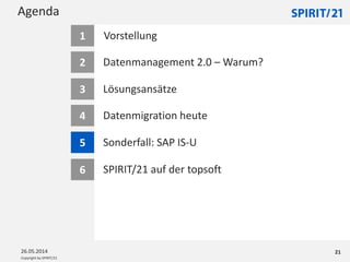 Copyright by SPIRIT/21
Agenda
26.05.2014 21
Datenmanagement 2.0 – Warum?2
Lösungsansätze3
Datenmigration heute4
Sonderfall: SAP IS-U5
Vorstellung1
6 SPIRIT/21 auf der topsoft
 