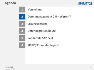 Copyright by SPIRIT/21
Agenda
26.05.2014 7
Datenmanagement 2.0 – Warum?2
Lösungsansätze3
Datenmigration heute4
Sonderfall: SAP IS-U5
Vorstellung1
6 SPIRIT/21 auf der topsoft
 