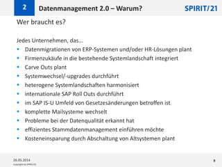 Copyright by SPIRIT/21
Wer braucht es?
Jedes Unternehmen, das...
 Datenmigrationen von ERP-Systemen und/oder HR-Lösungen plant
 Firmenzukäufe in die bestehende Systemlandschaft integriert
 Carve Outs plant
 Systemwechsel/-upgrades durchführt
 heterogene Systemlandschaften harmonisiert
 internationale SAP Roll Outs durchführt
 im SAP IS-U Umfeld von Gesetzesänderungen betroffen ist
 komplette Mailsysteme wechselt
 Probleme bei der Datenqualität erkannt hat
 effizientes Stammdatenmanagement einführen möchte
 Kosteneinsparung durch Abschaltung von Altsystemen plant
Datenmanagement 2.0 – Warum?2
26.05.2014 9
 