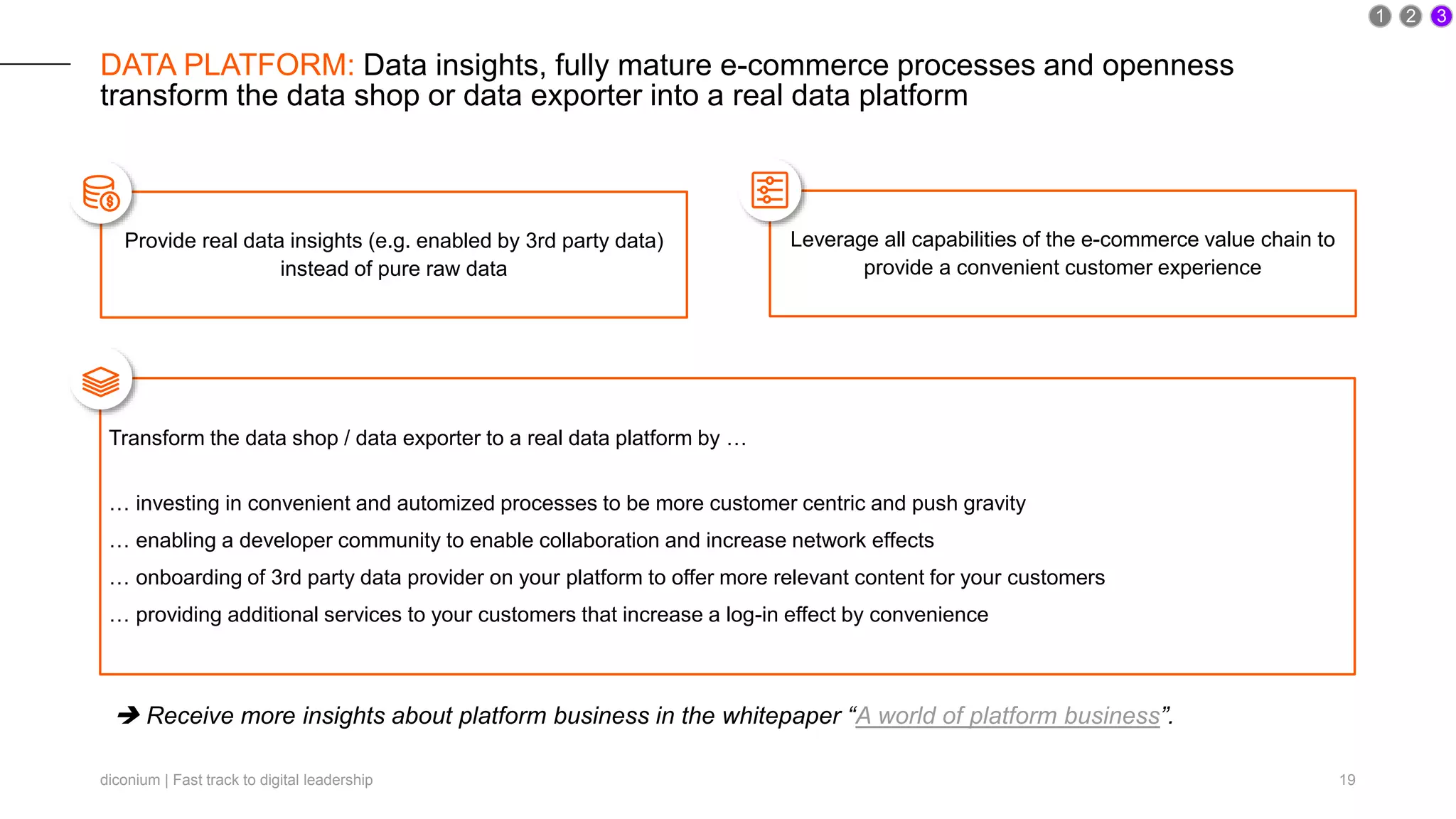 diconium | Fast track to digital leadership 19
DATA PLATFORM: Data insights, fully mature e-commerce processes and openness
transform the data shop or data exporter into a real data platform
1 2 3
Provide real data insights (e.g. enabled by 3rd party data)
instead of pure raw data
Leverage all capabilities of the e-commerce value chain to
provide a convenient customer experience
Transform the data shop / data exporter to a real data platform by …
… investing in convenient and automized processes to be more customer centric and push gravity
… enabling a developer community to enable collaboration and increase network effects
… onboarding of 3rd party data provider on your platform to offer more relevant content for your customers
… providing additional services to your customers that increase a log-in effect by convenience
 Receive more insights about platform business in the whitepaper “A world of platform business”.
 