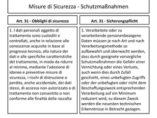 Misure di Sicurezza - Schutzmaßnahmen
Art. 31 - Obblighi di sicurezza
1. I dati personali oggetto di
trattamento sono custoditi e
controllati, anche in relazione alle
conoscenze acquisite in base al
progresso tecnico, alla natura dei
dati e alle specifiche caratteristiche
del trattamento, in modo da ridurre
al minimo, mediante l'adozione di
idonee e preventive misure di
sicurezza, i rischi di distruzione o
perdita, anche accidentale, dei dati
stessi, di accesso non autorizzato o di
trattamento non consentito o non
conforme alle finalità della raccolta
Art. 31 - Sicherungspflicht
1. Verarbeitete oder zu
verarbeitende personenbezogene
Daten müssen je nach Art und nach
Verarbeitungsmethode so
aufbewahrt und überwacht werden,
dass durch geeignete vorsorgliche
Schutzmaßnahmen die Gefahr einer
Vernichtung oder eines Verlusts,
auch wenn dies durch Zufall
geschieht, eines unbefugten Zugriffs
oder der unbefugten oder nicht dem
Beschaffungszweck entsprechenden
Verarbeitung auf ein Minimum
reduziert wird; zu diesem Zweck
werden die neuesten technischen
Erkenntnisse in Betracht gezogen.
 