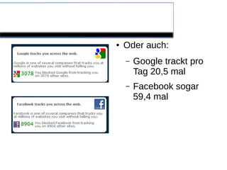 Die größten Tracker

                      ●   Oder auch:
                          –   Google trackt pro
                              Tag 20,5 mal
                          –   Facebook sogar
                              59,4 mal
 
