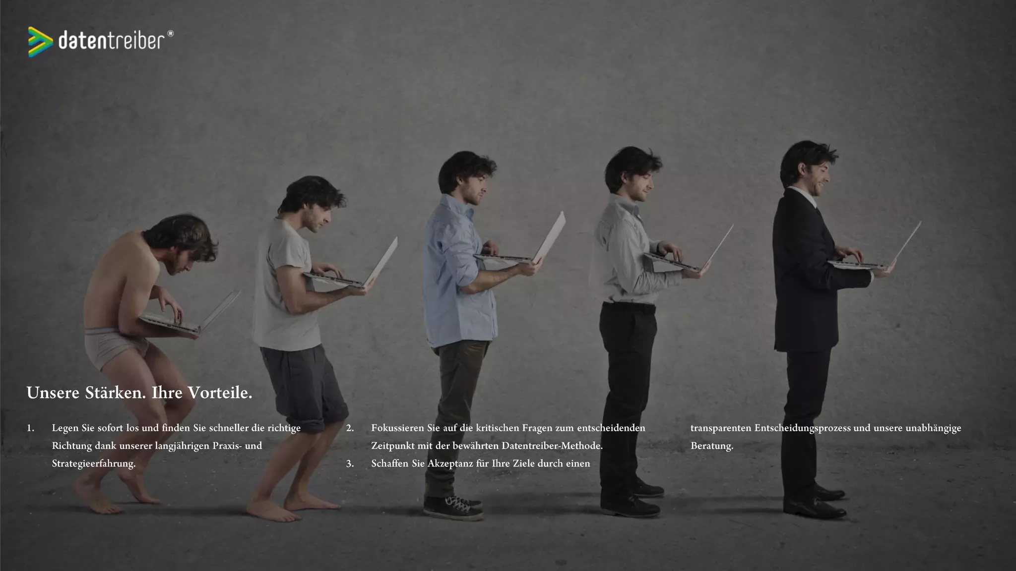 Data-Driven Marketing Workshop
In dem zweitägigen Workshop lernen Sie die Grundlagen des
datengetriebenen Marketings und die Methode des
Datenstrategie-Designs kennen. Im Team erarbeiten Sie ein
konsistentes sowie zielorientiertes Kennzahlenmodell und einen
Plan zur datengetriebenen Optimierung Ihrer
Kundenkontaktpunkte.
 