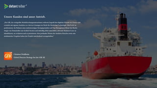 Eine einzigartige Kombination.
Um sich in einer komplexen Welt zu orientieren,
benötigen Sie vernetztes Wissen. Datentreiber ist der
Knotenpunkt zwischen Business, Analytics und IT. Wir
verbinden unternehmerisches Handeln mit analytischem
Denken und kreativer Umsetzung.
Business
Innovation
Information
Technology
Data
Analytics
 