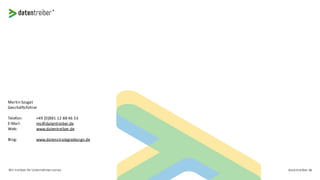datentreiber.deWir treiben Ihr Unternehmenvoran.
Martin Szugat
Geschäftsführer
Telefon: +49 [0]881 12 88 46 53
E-Mail: ms@datentreiber.de
Web: www.datentreiber.de
Blog: www.datenstrategiedesign.de
 
