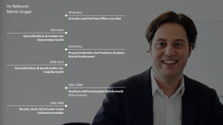 1996-2008
Berater, Buch-&Fachautorsowie
Softwareentwickler
StudiumundForschungderBioinformatik
(Data Science)
2001-2008
Geschäftsführer& Gesellschafterder
SnipClip GmbH
2008-2013
ProgrammdirektorderPredictiveAnalytics
World-Konferenzen
2014-dato
Geschäftsführer& Inhaberder
DatentreiberGmbH
2014-dato
GründerundChiefDataOfficervon 42ai
2018-dato
Ihr Referent:
Martin Szugat
 