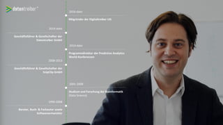 1996-2008
Berater, Buch- & Fachautor sowie
Softwareentwickler
Studium und Forschung der Bioinformatik
(Data Science)
2001-2008
Geschäftsführer & Gesellschafter der
SnipClip GmbH
2008-2013
Programmdirektor der Predictive Analytics
World-Konferenzen
2014-dato
Geschäftsführer & Gesellschafter der
Datentreiber GmbH
2014-dato
Mitgründer der Digitaltreiber UG
2016-dato
 