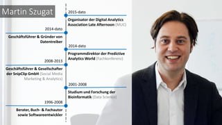 1996-2008
Berater, Buch- & Fachautor
sowie Softwareentwickler
Studium und Forschung der
Bioinformatik (Data Science)
2001-2008
Geschäftsführer & Gesellschafter
der SnipClip GmbH (Social Media
Marketing & Analytics)
2008-2013
Programmdirektor der Predictive
Analytics World (Fachkonferenz)
2014-dato
Geschäftsführer & Gründer von
Datentreiber
2014-dato
Organisator der Digital Analytics
Association Late Afternoon (MUC)
2015-datoMartin Szugat
 