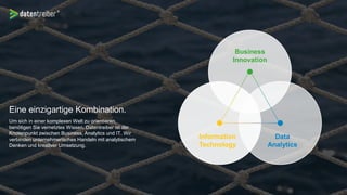 Eine einzigartige Kombination.
Um sich in einer komplexen Welt zu orientieren,
benötigen Sie vernetztes Wissen. Datentreiber ist der
Knotenpunkt zwischen Business, Analytics und IT. Wir
verbinden unternehmerisches Handeln mit analytischem
Denken und kreativer Umsetzung.
Business
Innovation
Information
Technology
Data
Analytics
 