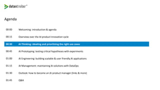 Agenda
Welcoming: introduction & agenda00:00
Overview over the AI product innovation cycle00:15
AI Prototyping: testing critical hypotheses with experiments00:45
AI Engineering: building scalable & user friendly AI applications01:00
AI Management: maintaining AI solutions with DataOps01:15
Outlook: how to become an AI product manager (links & more)01:30
Q&A01:45
AI Thinking: ideating and prioritizing the right use cases00:30
 