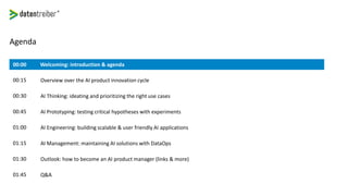 Agenda
Overview over the AI product innovation cycle00:15
AI Thinking: ideating and prioritizing the right use cases00:30
AI Prototyping: testing critical hypotheses with experiments00:45
AI Engineering: building scalable & user friendly AI applications01:00
AI Management: maintaining AI solutions with DataOps01:15
Outlook: how to become an AI product manager (links & more)01:30
Q&A01:45
Welcoming: introduction & agenda00:00
 