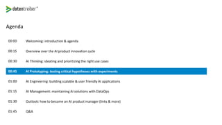 Agenda
Welcoming: introduction & agenda00:00
Overview over the AI product innovation cycle00:15
AI Thinking: ideating and prioritizing the right use cases00:30
AI Engineering: building scalable & user friendly AI applications01:00
AI Management: maintaining AI solutions with DataOps01:15
Outlook: how to become an AI product manager (links & more)01:30
Q&A01:45
AI Prototyping: testing critical hypotheses with experiments00:45
 