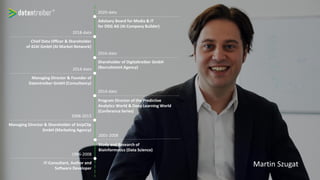 4
1996-2008
IT-Consultant, Author and
Software Developer
Study and Research of
Bioinformatics (Data Science)
2001-2008
Managing Director & Shareholder of SnipClip
GmbH (Marketing Agency)
2008-2013
Program Director of the Predictive
Analytics World & Deep Learning World
(Conference Series)
2014-dato
Managing Director & Founder of
Datentreiber GmbH (Consultancy)
2014-dato
Advisory Board for Media & IT
for DDG AG (AI Company Builder)
2020-dato
Martin Szugat
Shareholder of Digitaltreiber GmbH
(Recruitment Agency)
2016-dato
Chief Data Officer & Shareholder
of 42AI GmbH (AI Market Network)
2018-dato
 