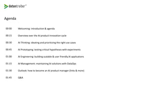 Agenda
Welcoming: introduction & agenda00:00
Overview over the AI product innovation cycle00:15
AI Thinking: ideating and prioritizing the right use cases00:30
AI Prototyping: testing critical hypotheses with experiments00:45
AI Engineering: building scalable & user friendly AI applications01:00
AI Management: maintaining AI solutions with DataOps01:15
Outlook: how to become an AI product manager (links & more)01:30
Q&A01:45
 