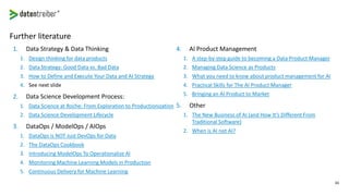 65
Further literature
1. Data Strategy & Data Thinking
1. Design thinking for data products
2. Data Strategy: Good Data vs. Bad Data
3. How to Define and Execute Your Data and AI Strategy
4. See next slide
2. Data Science Development Process:
1. Data Science at Roche: From Exploration to Productionization
2. Data Science Development Lifecycle
3. DataOps / ModelOps / AIOps
1. DataOps is NOT Just DevOps for Data
2. The DataOps Cookbook
3. Introducing ModelOps To Operationalize AI
4. Monitoring Machine Learning Models in Production
5. Continuous Delivery for Machine Learning
4. AI Product Management
1. A step-by-step guide to becoming a Data Product Manager
2. Managing Data Science as Products
3. What you need to know about product management for AI
4. Practical Skills for The AI Product Manager
5. Bringing an AI Product to Market
5. Other
1. The New Business of AI (and How It’s Different From
Traditional Software)
2. When is AI not AI?
 