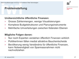 20. Januar 2016
Datenvisualisierungen mit D3.js und weiteren Web-Technologien
27
Problemstellung
Unübersichtliche öffentliche Finanzen:
> Grosse Zahlenmengen, wenige Visualisierungen
> Komplexe Budgetstrukturen und Planungsinstrumente
> Mehrfache Umverteilungen zwischen föderalen Ebenen
Mögliche Folgen davon:
> Nur noch Experten verstehen öffentlich Finanzen wirklich
> PolitikerInnen fällen medial attraktive Bauchentscheide
> Bevölkerung wenig Verständnis für öffentliche Finanzen,
kann Notwendigkeit von Sparmassnahmen nicht
nachvollziehen
 