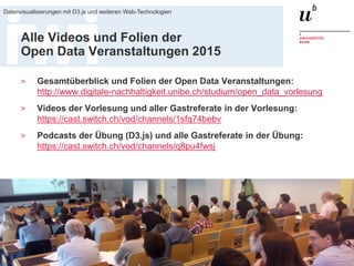20. Januar 2016
Datenvisualisierungen mit D3.js und weiteren Web-Technologien
96
Alle Videos und Folien der
Open Data Veranstaltungen 2015
> Gesamtüberblick und Folien der Open Data Veranstaltungen:
http://www.digitale-nachhaltigkeit.unibe.ch/studium/open_data_vorlesung
> Videos der Vorlesung und aller Gastreferate in der Vorlesung:
https://cast.switch.ch/vod/channels/1sfq74bebv
> Podcasts der Übung (D3.js) und alle Gastreferate in der Übung:
https://cast.switch.ch/vod/channels/q8pu4fwsj
 