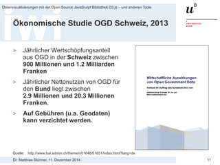 Dr. Matthias Stürmer, 11. Dezember 2014 
Datenvisualisierungen mit der Open Source JavaScript Bibliothek D3.js – und anderen Tools 
11 
Ökonomische Studie OGD Schweiz, 2013 
> 
Jährlicher Wertschöpfungsanteil aus OGD in der Schweiz zwischen 900 Millionen und 1.2 Milliarden Franken 
> 
Jährlicher Nettonutzen von OGD für den Bund liegt zwischen 2.9 Millionen und 20.3 Millionen Franken. 
> 
Auf Gebühren (u.a. Geodaten) kann verzichtet werden. 
Quelle: http://www.bar.admin.ch/themen/01648/01651/index.html?lang=de  