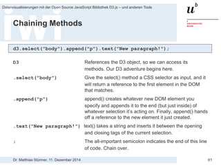 Dr. Matthias Stürmer, 11. Dezember 2014 
Datenvisualisierungen mit der Open Source JavaScript Bibliothek D3.js – und anderen Tools 
61 
Vorlesungs-Website 
http://www.iwi.unibe.ch/content/studium/veranstaltungen/resource/open_data_datenmanagement_und_visualisierung/  