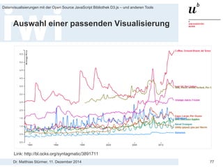 Dr. Matthias Stürmer, 11. Dezember 2014 
Datenvisualisierungen mit der Open Source JavaScript Bibliothek D3.js – und anderen Tools 
77 
D3.js Code Snippets 
Link: http://bl.ocks.org/mbostock  