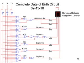 X   Y   Z
            Complete Date of Birth Circuit
                     02-13-10
                                             Common Cathode
                                             7-Segment Display
                 AOI
                        Segment a & d




                NAND      Segment b



                NOR       Segment c



                 AOI
                          Segment e


                NAND      Segment f



                NOR      Segment g
                                                           13
 