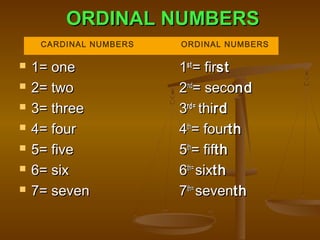 ORDINAL NUMBERS
     CARDINAL NUMBERS   ORDINAL NUMBERS

   1= one              1st = first
   2= two              2nd= second
   3= three            3rd = third
   4= four             4th= fourth
   5= five             5th= fifth
   6= six              6th= sixth
   7= seven            7th= seventh
 