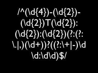 /^(d{4})-(d{2})-
   (d{2})T(d{2}):
 (d{2}):(d{2})(?:(?:
.|,)(d+))?((?:+|-)d
       d:dd)$/
 