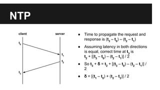 NTP
t0
t3
t1
t2
● Time to propagate the request and
response is (t3
– t0
) – (t2
– t1
)
● Assuming latency in both directions
is equal, correct time at t3
is
t2
+ [(t3
– t0
) – (t2
– t1
)] / 2
● So t3
+ δ = t2
+ [(t3
– t0
) – (t2
– t1
)] /
2
● δ = [(t1
– t0
) + (t2
– t3
)] / 2
client server
 
