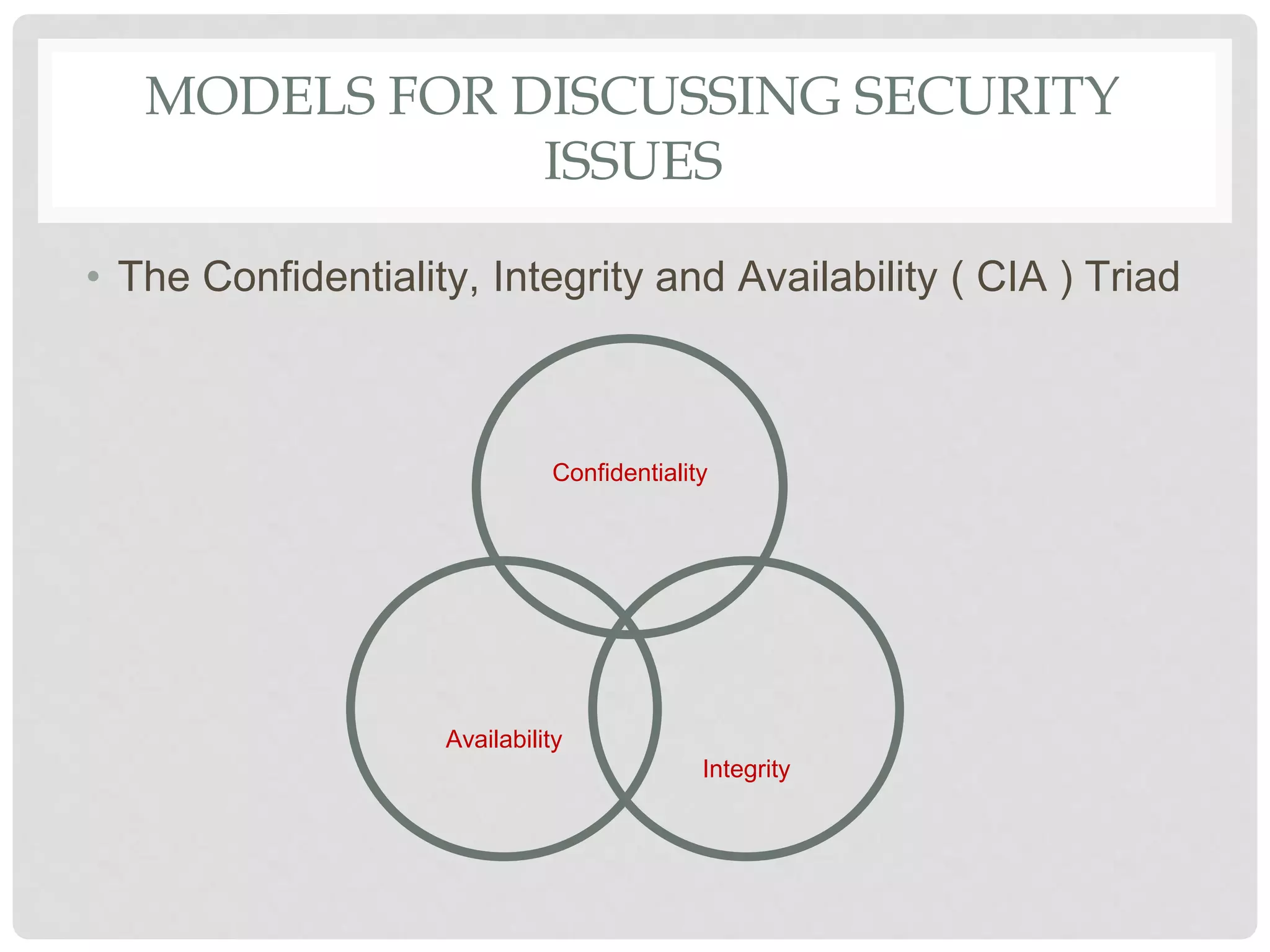 MODELS FOR DISCUSSING SECURITY
ISSUES
• The Confidentiality, Integrity and Availability ( CIA ) Triad
Confidentiality
Availability
Integrity
 